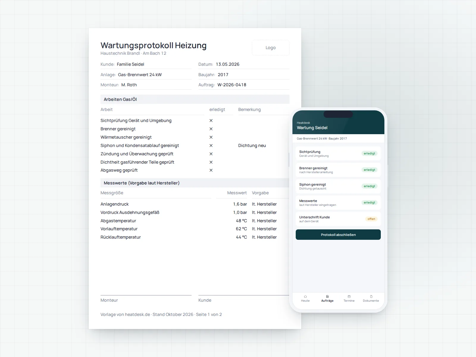 Wartungsprotokoll Heizung als Blatt mit Kunde, Anlage, Arbeitsliste und Messwerttabelle, davor dieselbe Arbeitsliste in der Heatdesk-App