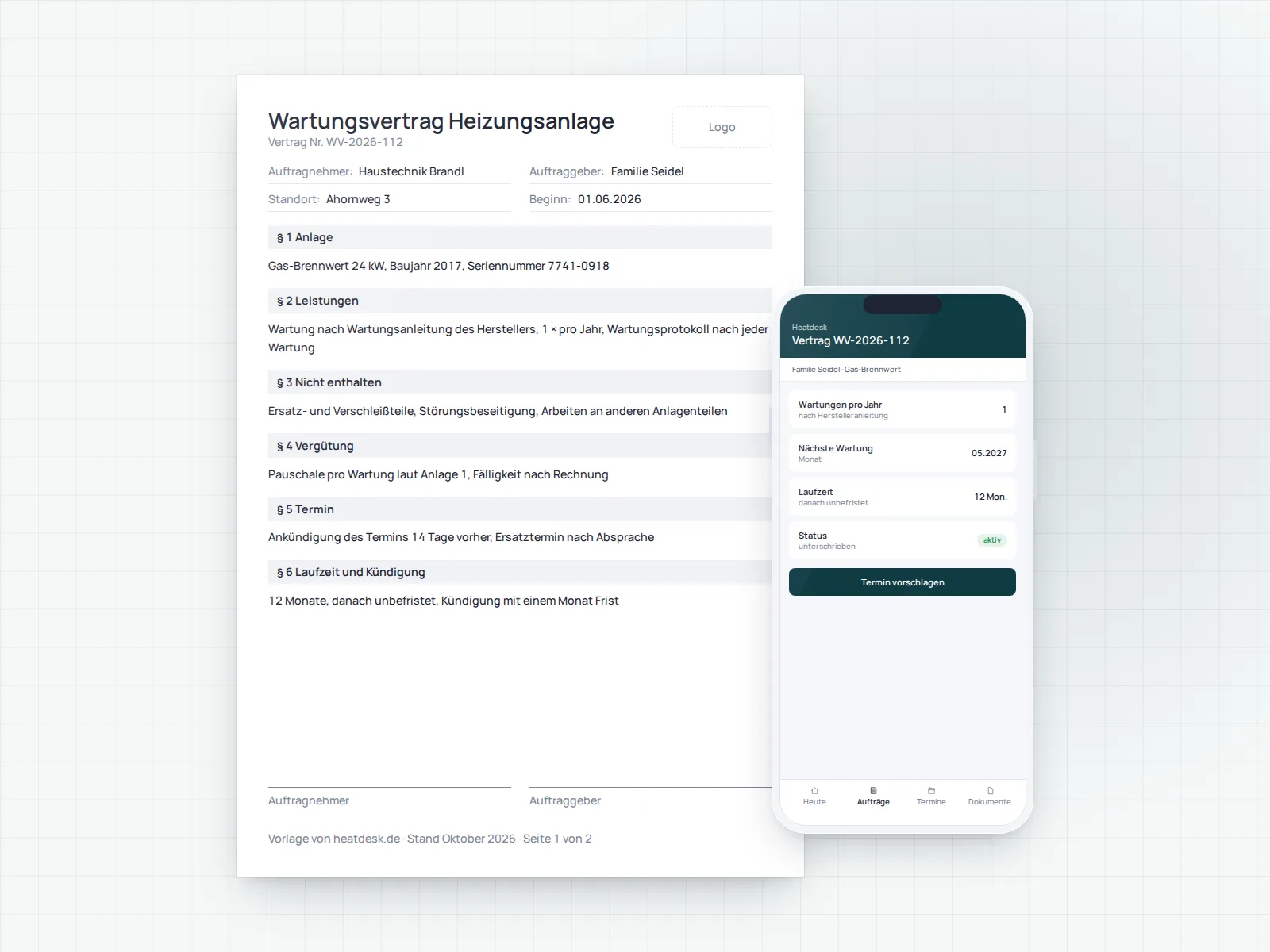 Wartungsvertrag Heizungsanlage als Blatt mit Vertragspartnern, Anlage und Paragraphen, davor die Vertragsdaten in der Heatdesk-App
